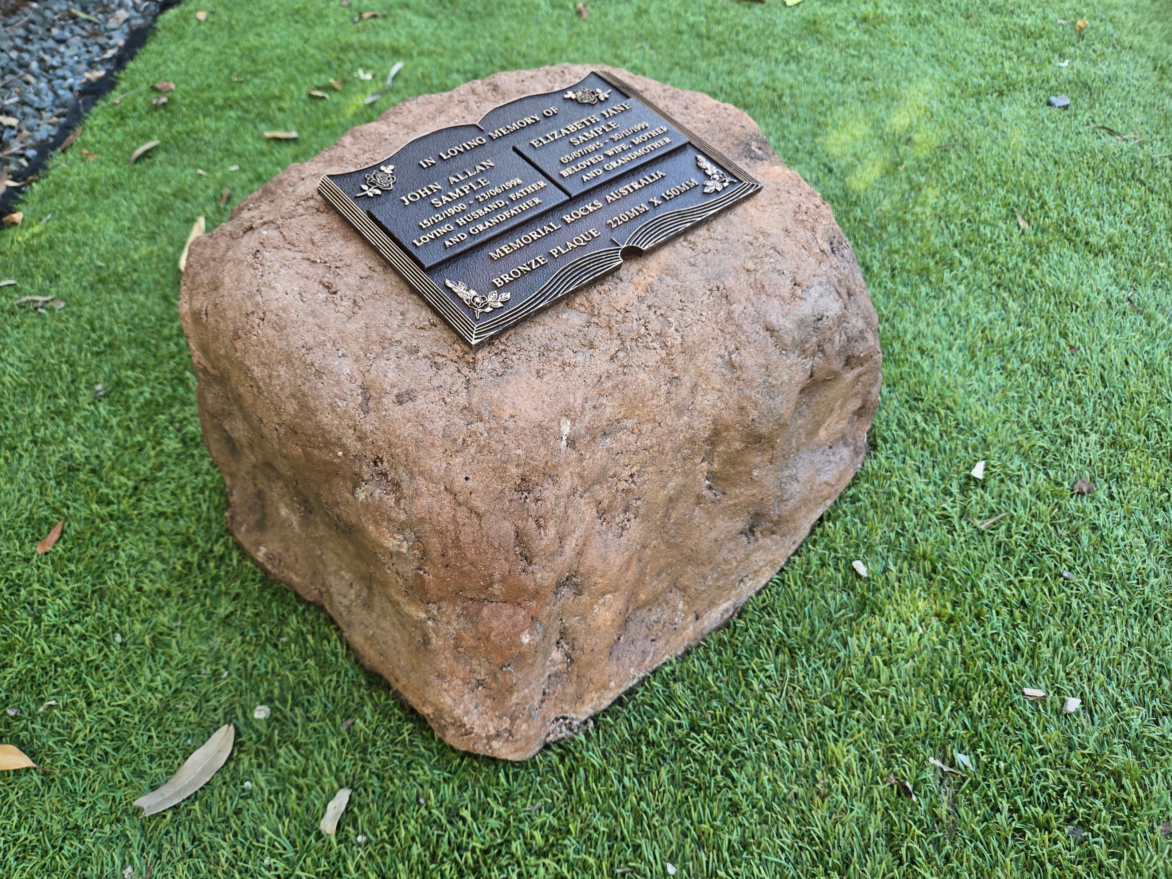 rock urn with plaque